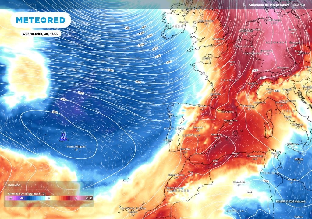 Ar pós-frontal mais fresco alcançará Portugal esta quarta-feira Após a passagem da frente, uma massa de ar mais fresco deverá abranger Portugal continental, enquanto uma extensa região anticiclónica se estabelece sobre o Atlântico e os Açores.