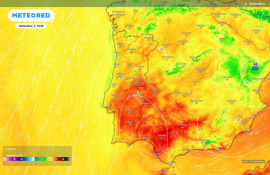 Sexta-feira poderá trazer 28 a 29 ºC a várias regiões do Centro e Sul O ECMWF projeta uma subida generalizada das temperaturas até sexta-feira, com cerca de 28 ºC em Lisboa e Santarém e 29 ºC em Évora e Beja.