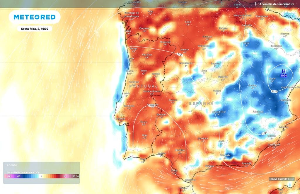 Temperaturas poderão ficar até 5 ºC acima da média na sexta-feira A massa de ar mais quente favorecerá anomalias térmicas positivas em grande parte de Portugal, localmente próximas dos +5 ºC no interior Norte e Centro.