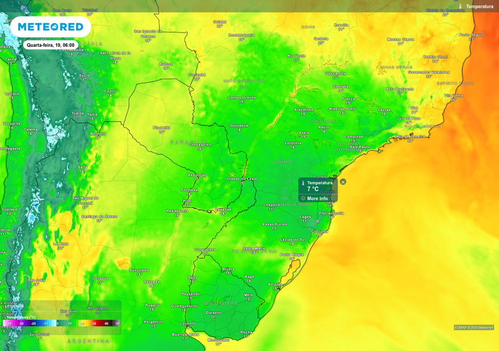 Previsão de temperatura mínima nesta quarta-feira (19), de acordo com o ECMWF.