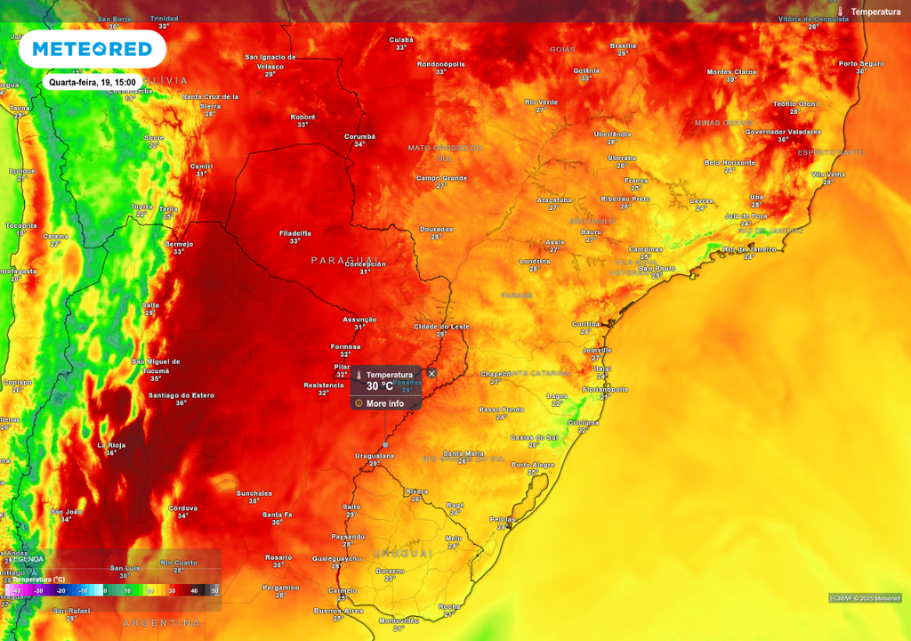 Previsão de temperatura máxima nesta quarta-feira (19), de acordo com o ECMWF.