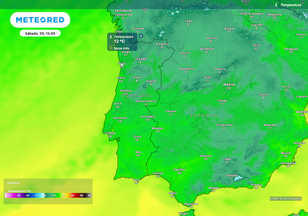 Diferenças de temperatura máxima entre os 6 ºC e os 16 ºC, com o valor mais elevado em Lisboa.