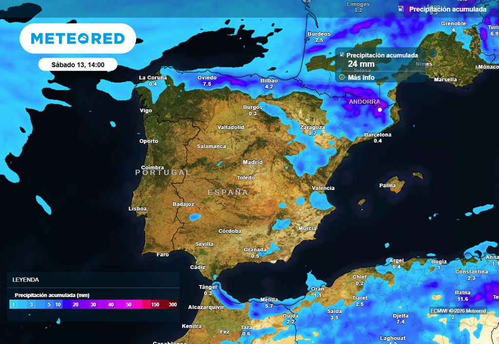 En zonas de montaña del norte los acumulados de lluvia pueden ser localmente significativos, a la espera del descuelgue del fin de semana.