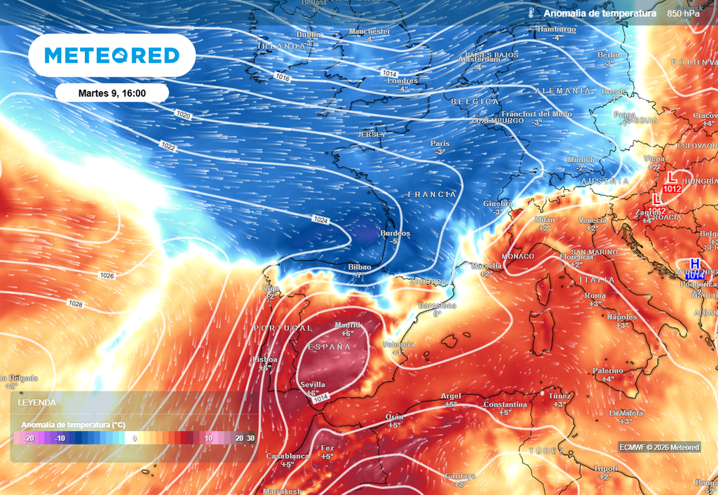 En este comienzo de semana España estará entre una masa de aire polar marítima y otra muy cálida que se recalentará sobre el interior y sur de la Península.