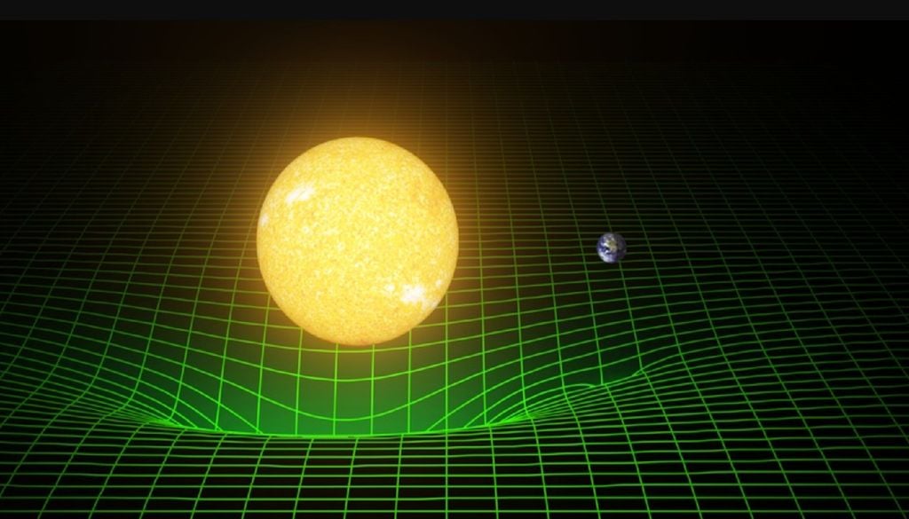 Representação bidimensional do poço gravitacional gerado pelo peso do Sol e da Terra. Os corpos com massa curvam a quadrícula do espaço-tempo, dilatando o tempo e contraindo o espaço. Imagem: T. Pyle/Caltech/MIT/ LIGO Lab