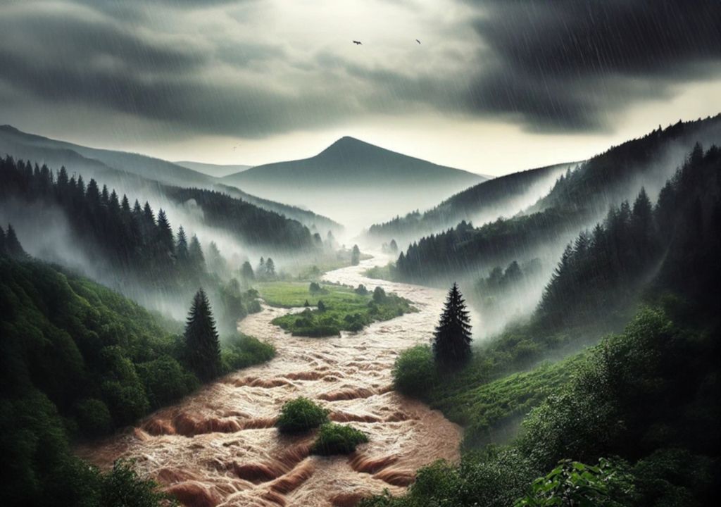 Künstlich generiertes Bild einer Landschaft ähnlich dem Erzgebirge. Ein Gebirgsfluss führt Hochwasser, die braune Wassermassen bahnen sich ihren Weg ins Tal
