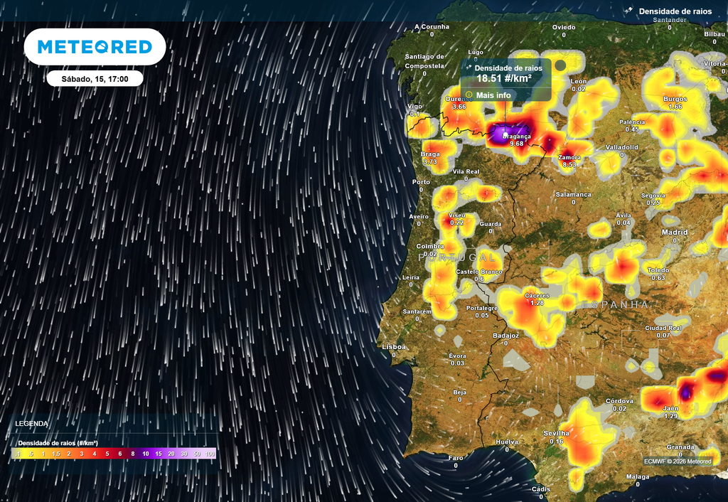 De momento, o modelo ECWMF prevê que as descargas elétricas atmosféricas tendam a concentrar-se, com maior frequência e intensidade, no norte do distrito de Bragança.