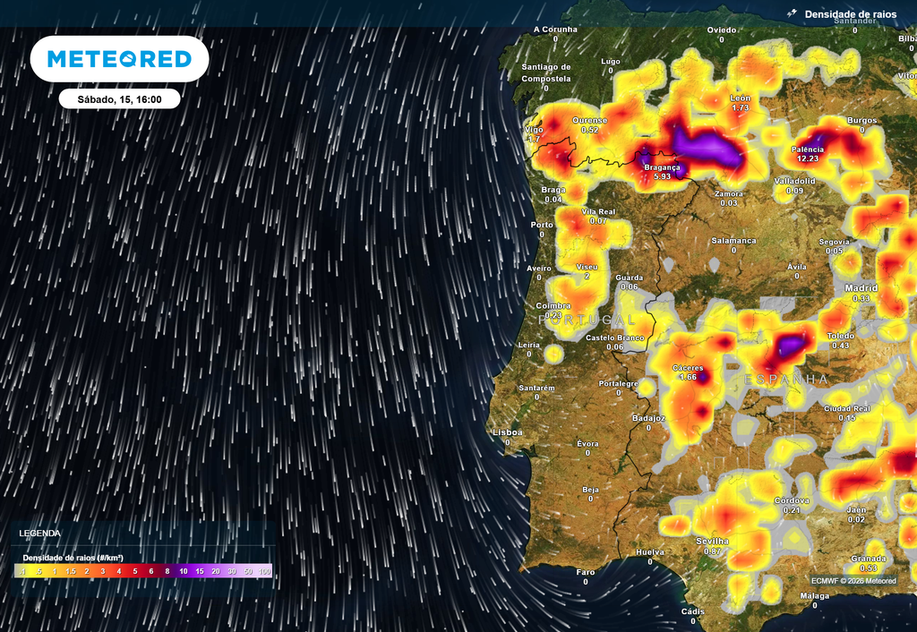 Para sábado (15) a previsão do modelo Europeu sugere que a atividade elétrica poderá iniciar por volta do meio-dia, aumentando ao longo da tarde e atingindo a fase potencialmente mais ativa entre as 15:00 e as 18:00. Espera-se que entretanto as trovoadas diminuam gradualmente até ao início da noite.