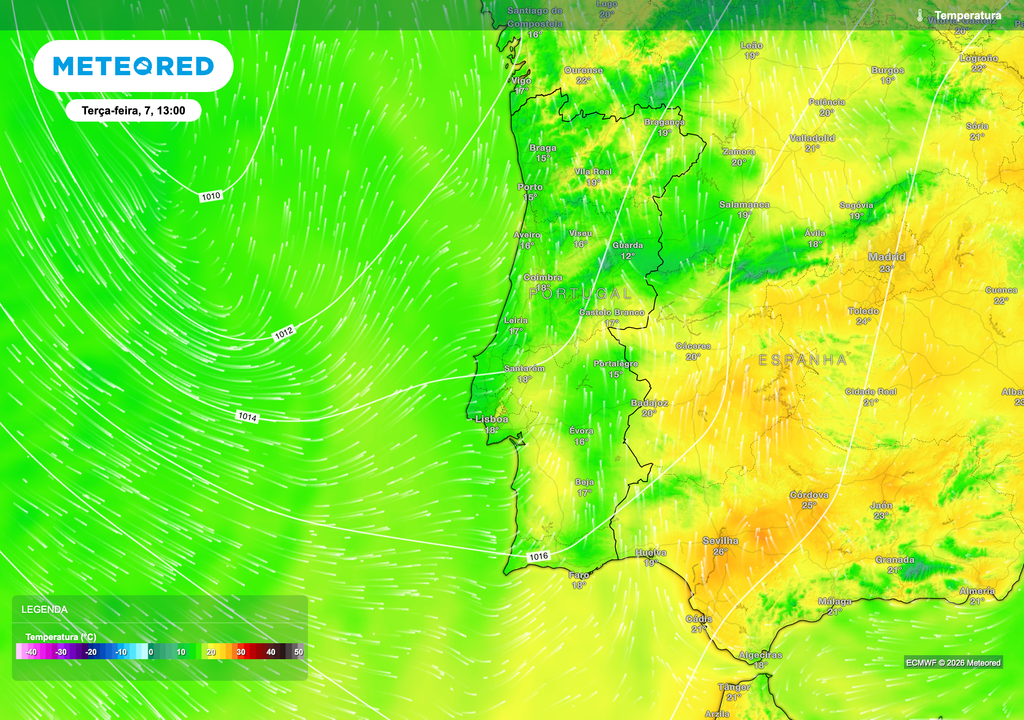 Durante a terça‑feira, Portugal continental atravessa um período de transição marcado pela entrada gradual de ar mais fresco vindo do Atlântico.