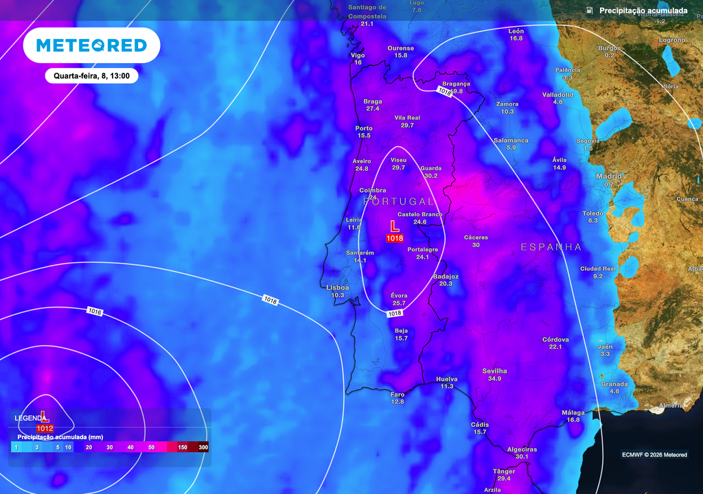 Na quarta‑feira, várias horas de precipitação contínua dão origem a acumulados significativos no Norte e Centro do país. As regiões expostas ao fluxo húmido de sudoeste registam valores mais elevados, refletindo um episódio de chuva persistente que se prolonga ao longo do dia, sobretudo nas áreas montanhosas.