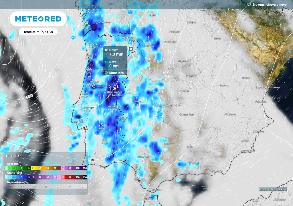 Depois de alguns períodos de chuva fraca na segunda‑feira, a instabilidade intensifica‑se durante a tarde de terça‑feira, quando a aproximação de uma depressão atlântica começa a transportar ar húmido e circulação mais dinâmica de sudoeste. As áreas de precipitação tornam‑se mais amplas e organizadas no litoral Norte e Centro, avançando progressivamente para o interior.