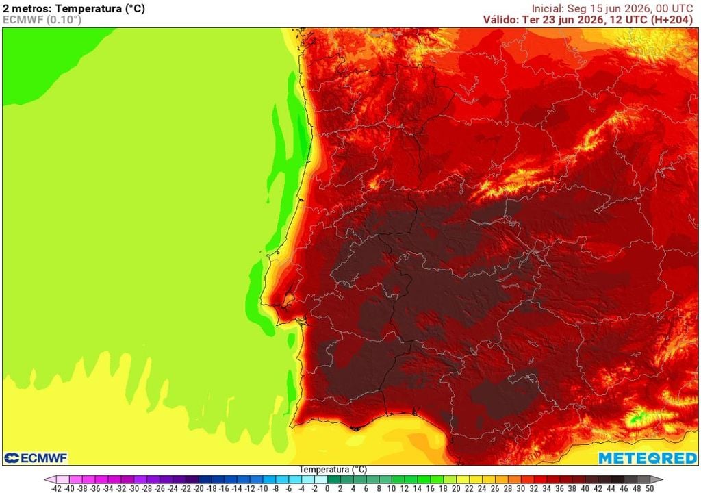 Os modelos indicam uma gradual intensificação do calor a partir do próximo fim de semana e durante boa parte da próxima semana (mapa de temperatura prevista para terça-feira, 23 de junho). Caso as previsões se mantenham, poderão registar-se 40 ºC (ou valores superiores) em várias localidades do interior Centro e Sul durante vários dias consecutivos.