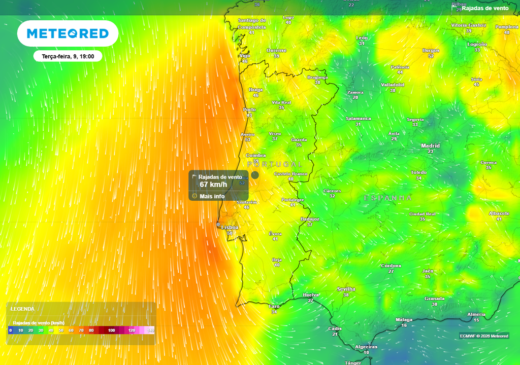 A nortada vai intensificar na tarde desta terça-feira, 9 de junho, registando-se rajadas até 80 km/h no litoral Centro e Oeste. Distritos de Leiria e Lisboa sob aviso amarelo de vento forte.