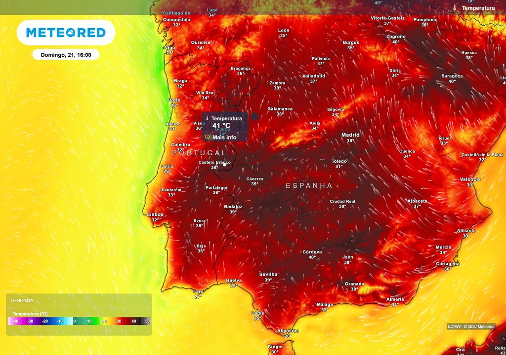 temperatura do ar à superfície No domingo, vários locais do interior do país poderão ultrapassar os 40 ºC.