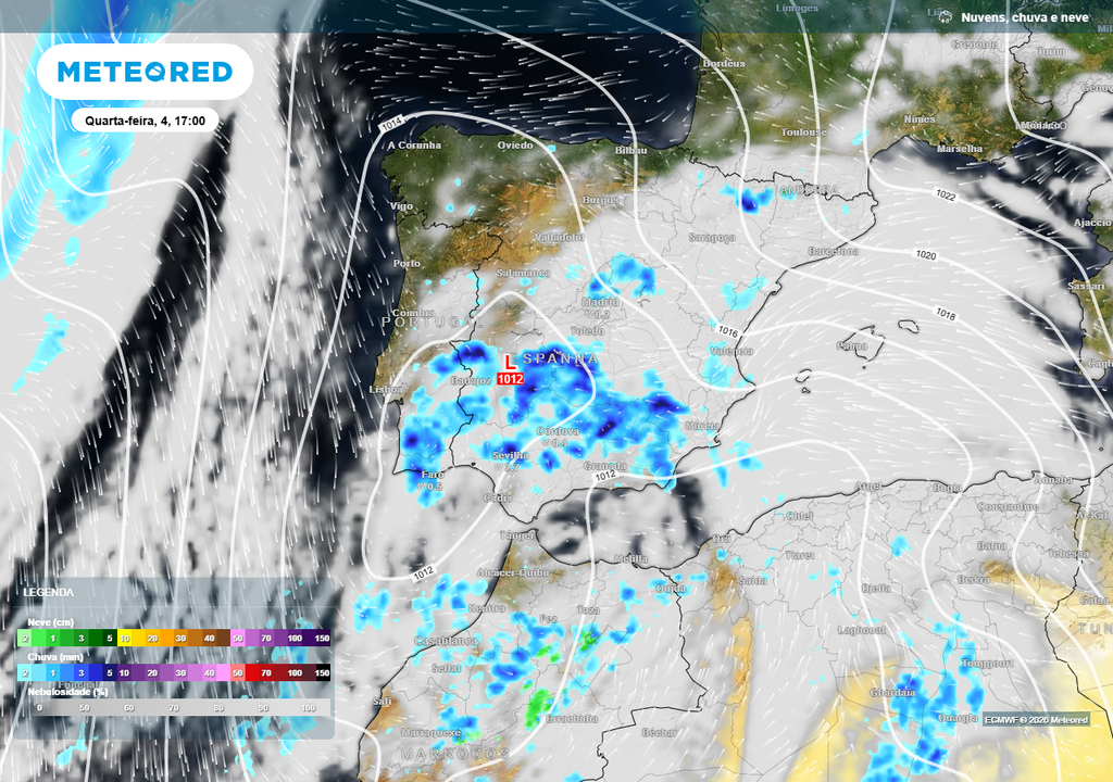 Atenção à possibilidade de uma linha de instabilidade ou frente gerada em torno do centro da depressão Regina no período da tarde da próxima quarta-feira (4). Haverá precipitação durante a tarde deste dia, possivelmente acompanhada de trovoada e lama, principalmente em 4 regiões de Portugal continental: Algarve, Alentejo, Beira Baixa e Beira Alta.
