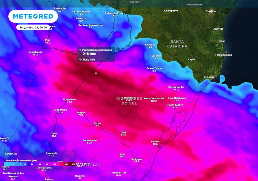 Previsão de acumulados totais até o final da segunda-feira mostra acumulados que podem atingir entre 200 e 300 mm de chuva totais ao longo dos próximos dias, causando transtornos.