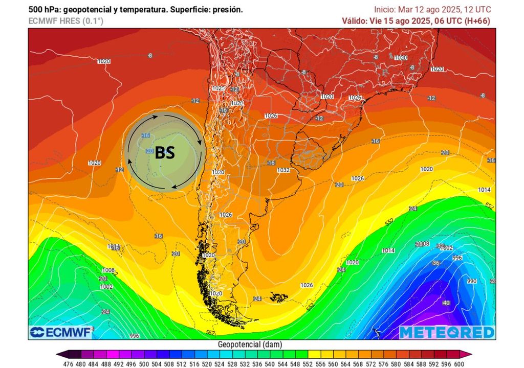 mapa de altura geopotencial y temperatura