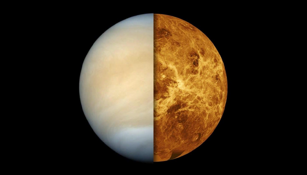 Venere Questa immagine composta mostra come appare Venere nel visibile (sinistra, immagini del Mariner 10), una coltre atmosferica spessa che nasconde la superficie, e come appare ai radar (destra, immagini di Magellan). Credit: NASA