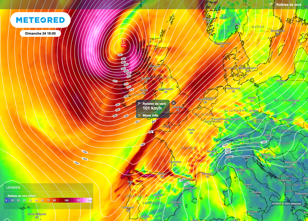 Les côtes bretonnes pourront connaître des vents de l'ordre des 100km/h.