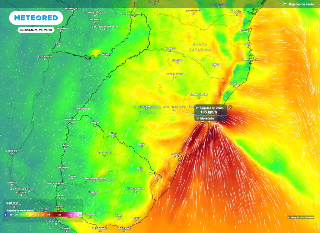 Previsão de rajadas de ventos na quarta-feira durante a noite mostra o ciclone ocasionando velocidades sustentadas acima de 100 km/h no litoral do Rio Grande do Sul. Previsão de rajadas de ventos na quarta-feira durante a noite mostra o ciclone ocasionando velocidades sustentadas acima de 100 km/h no litoral do Rio Grande do Sul.