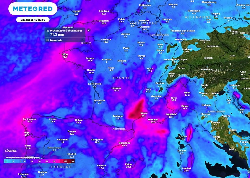 Les cumuls de pluies seront importants sur l'ouest de la Bretagne ces prochaines heures.