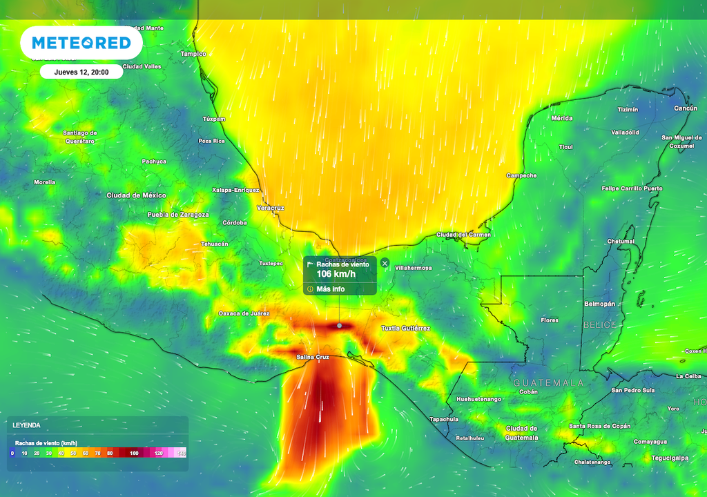 Las rachas más fuertes de vientos serán sobre el Istmo y Golfo de Tehuantepec, con valores en las rachas de hasta 120 km/h.