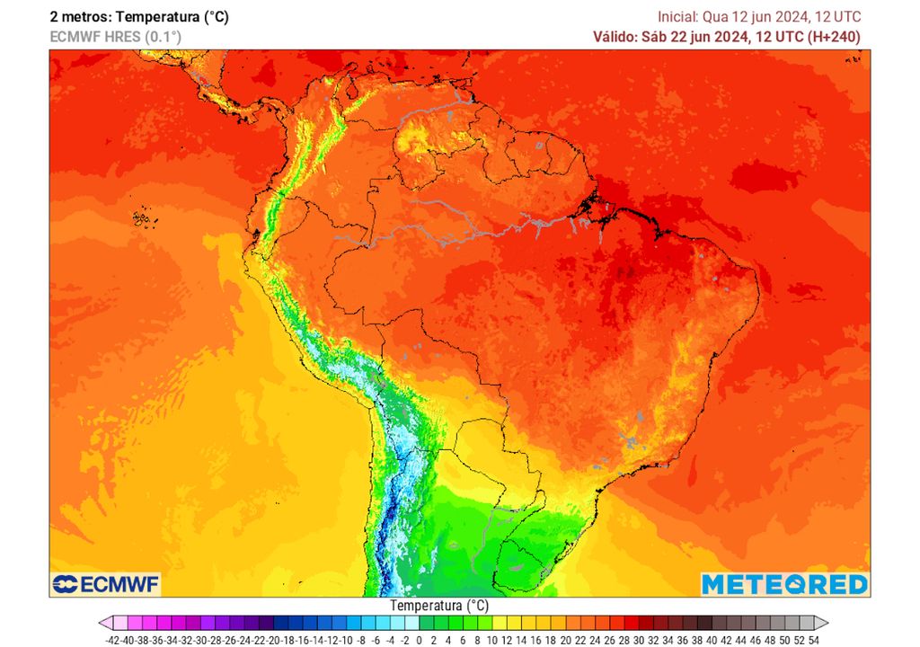 Previsão de temperaturas no modelo ECMWF para o dia 22 de Junho.