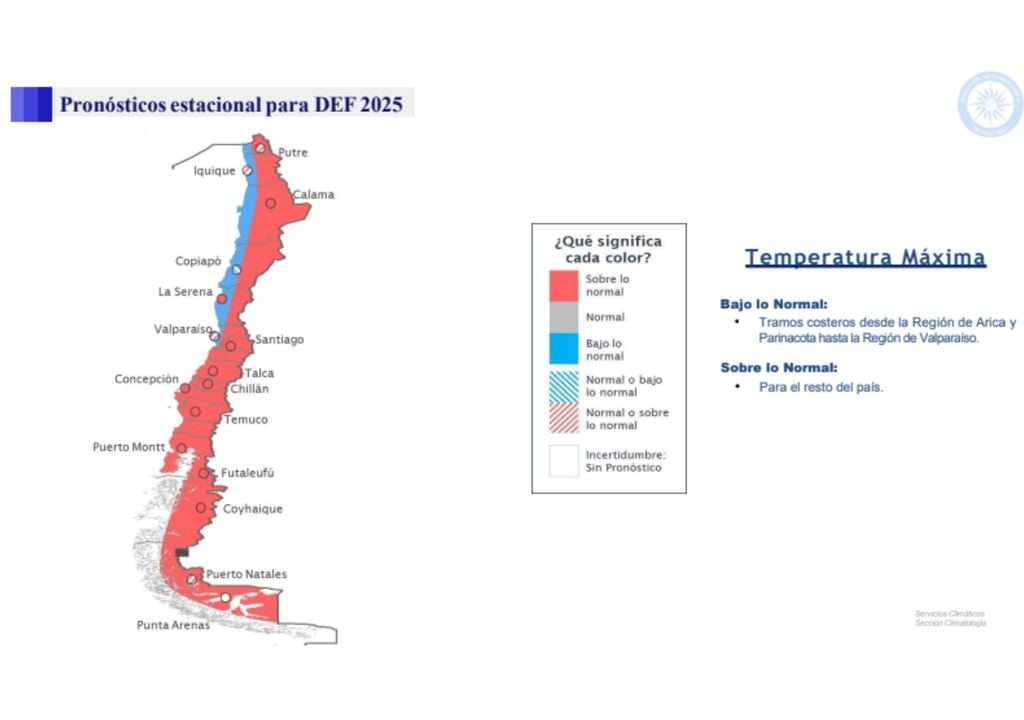 Pronóstico estacional de temperatura máxima para el trimestre diciembre–enero–febrero 2025.