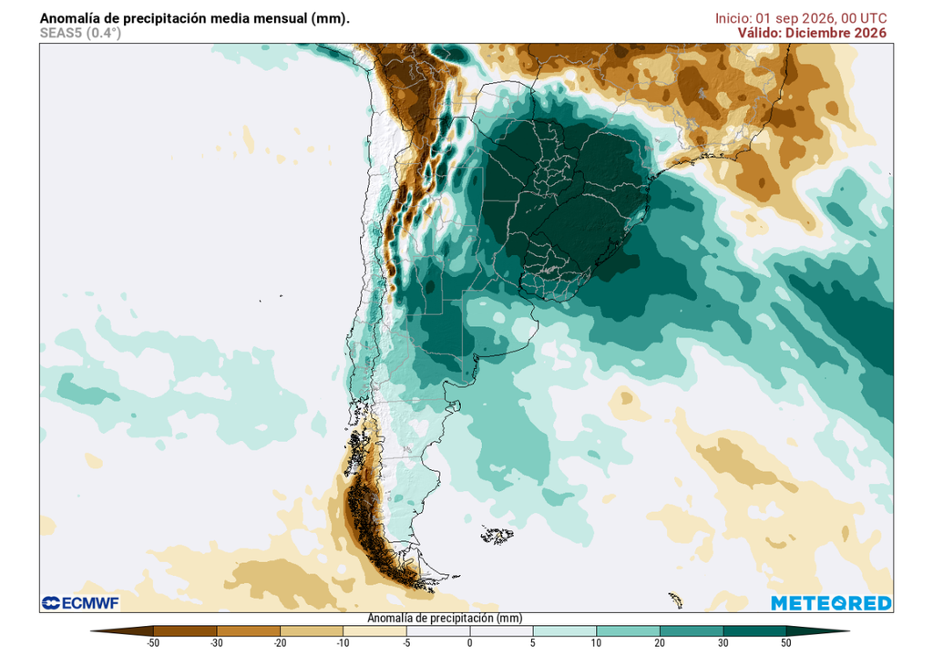 ECMWF proyecta un inicio de verano con lluvias y olas de calor en Chile Anomalía mensual de precipitación (mm) para diciembre 2026. Sobre los valores climatológicos normales (tonos verde), bajo los valores climatológicos normales (tonos marrón) y en torno a los valores climatológicos normales (color blanco).