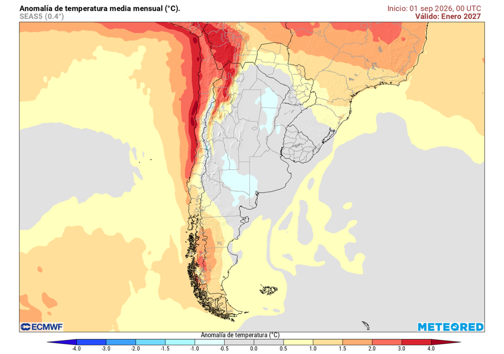 ECMWF proyecta un inicio de verano con lluvias y olas de calor en Chile Anomalía mensual de temperatura (°C) para enero 2027. Sobre los valores climatológicos normales (tonos rojo), bajo los valores climatológicos normales (tonos azul) y en torno a los valores climatológicos normales (color gris).