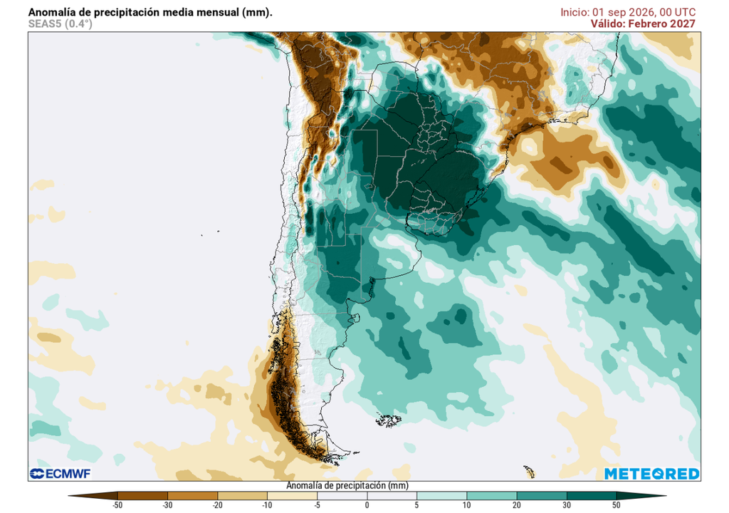 ECMWF proyecta un inicio de verano con lluvias y olas de calor en Chile Anomalía mensual de precipitación (mm) para febrero 2027. Sobre los valores climatológicos normales (tonos verde), bajo los valores climatológicos normales (tonos marrón) y en torno a los valores climatológicos normales (color blanco).