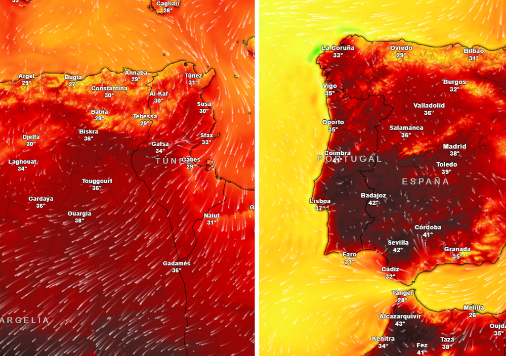 Comparativa de las máximas previstas el domingo a las 17:00 h entre el norte de África y la Península.