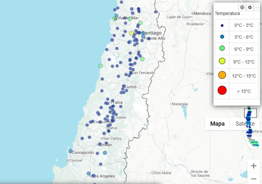 Muchas estaciones meteorológicas registraron temperturas entre los 0 y 3 °C (Fuente: Visualizador meteorológico del CR2))