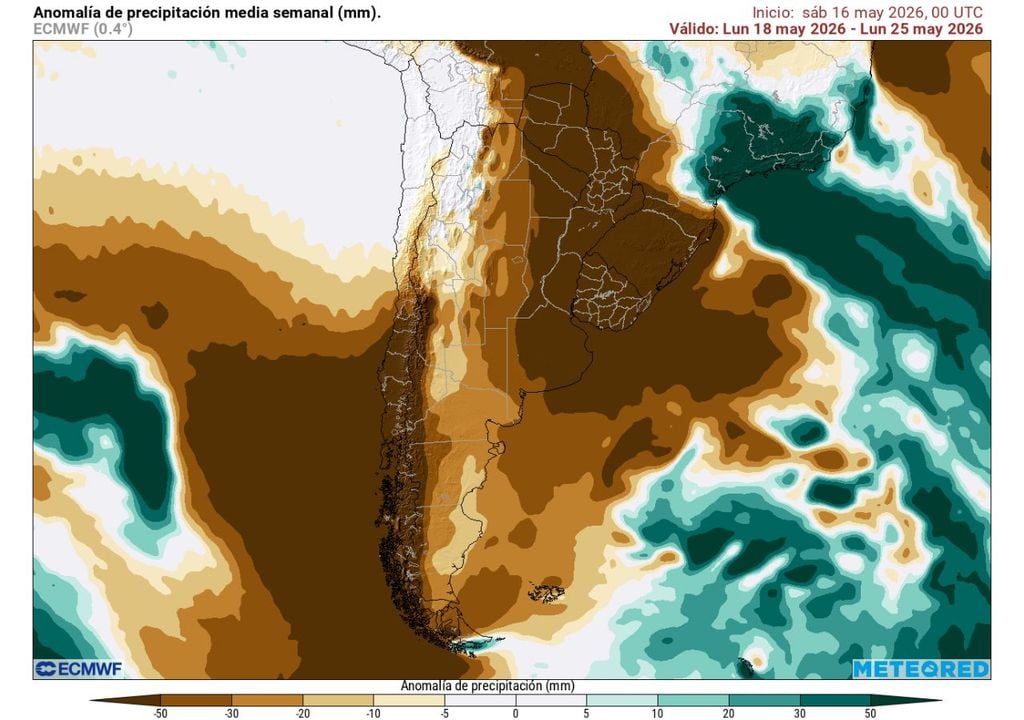 La ausencia de precipitaciones será la protagonista de esta semana. El color marrón de la imagen muestran deficii de hasta 50 mm, indicando la ausencia total de lluvias.