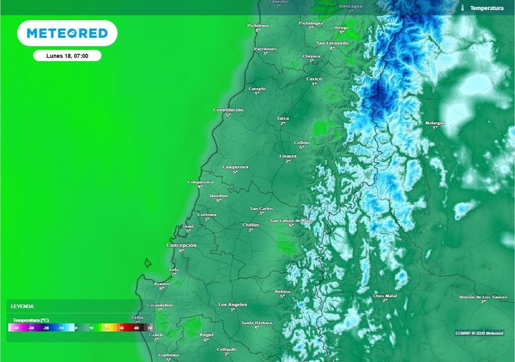 Antes de un repunte en las temperaturas, lunes y martes las heladas matinales seguirán estando presentes sobre todo el en centro sur con minimas de hasta 0 °C alrededor de Curicó.