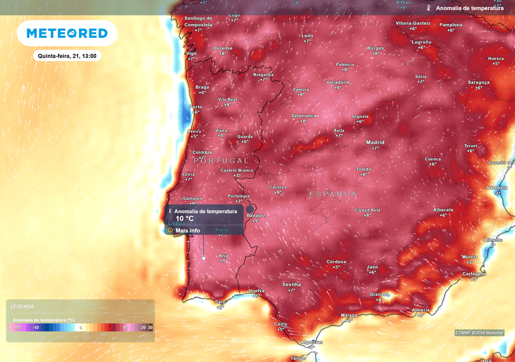 Com a subida acentuada das temperaturas máximas, as anomalias vão inverter-se e passar a positivas em todo o país. Em alguns locais esperam-se valores até 10 ºC acima da normal climatológica de referência.