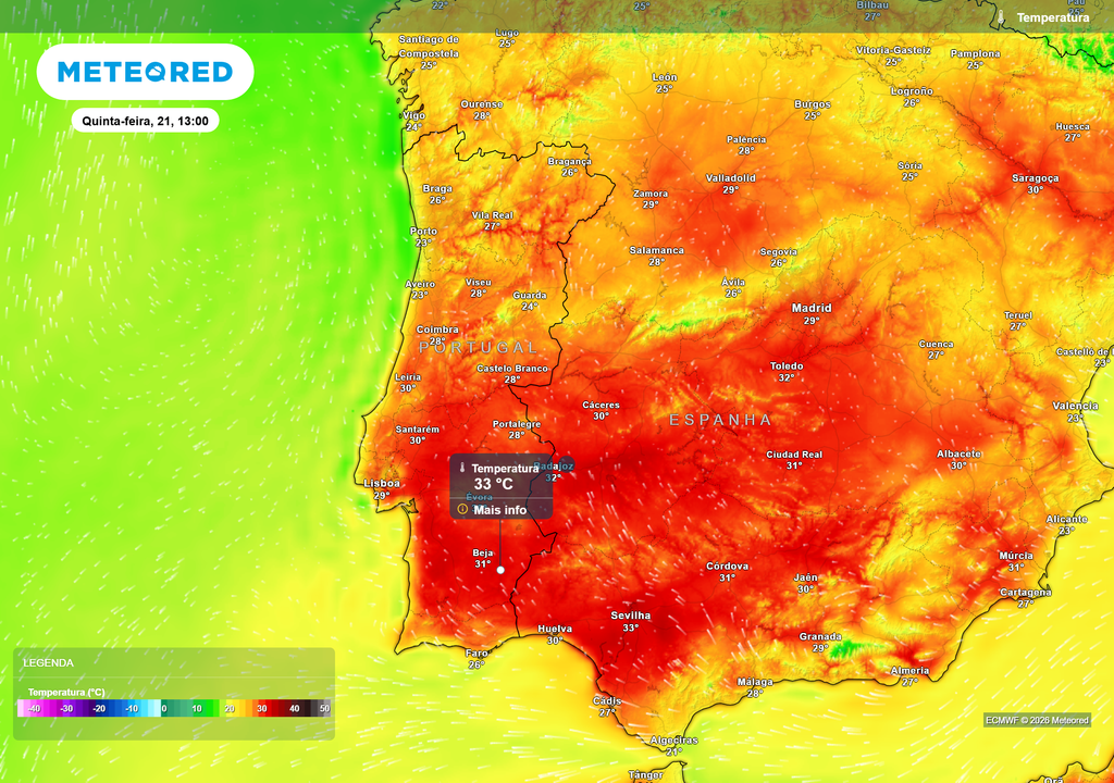 Esta é a distribuição das temperaturas à superfície prevista para as 13h de quinta-feira, dia 21 de maio. Regra geral, estas têm tendência a aumentar nas horas seguintes, pelo que os valores poderão ser superiores aos mostrados aqui.