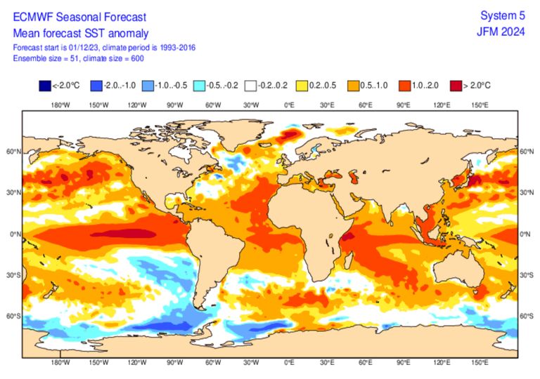 Mapa de previsão de anomalia da temperatura da superfície dos oceanos para o trimestre de janeiro, fevereiro e março de 2024.