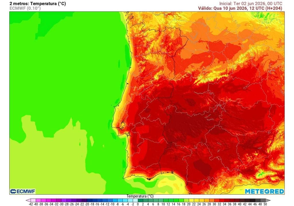 No mapa de temperatura, dia 10 de junho, é possível observar uma recuperação das temperaturas em todo o território. Alguns locais poderão novamente ultrapassar os 35 °C.