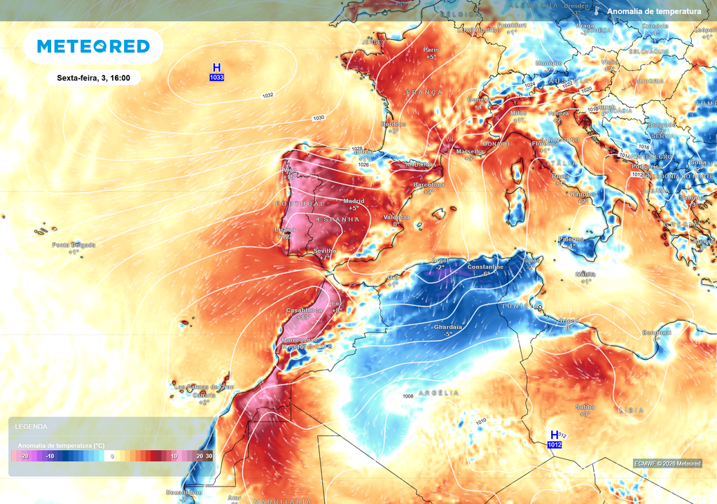 Portugal apresenta anomalias positivas acentuadas, enquanto Tunísia e Líbia registam temperaturas abaixo da média para a época.