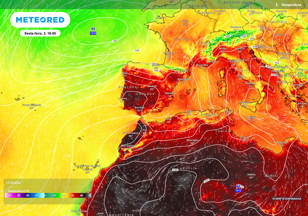 Enquanto Portugal continua sob temperaturas muito elevadas, a Tunísia e a Líbia registam valores relativamente mais baixos.