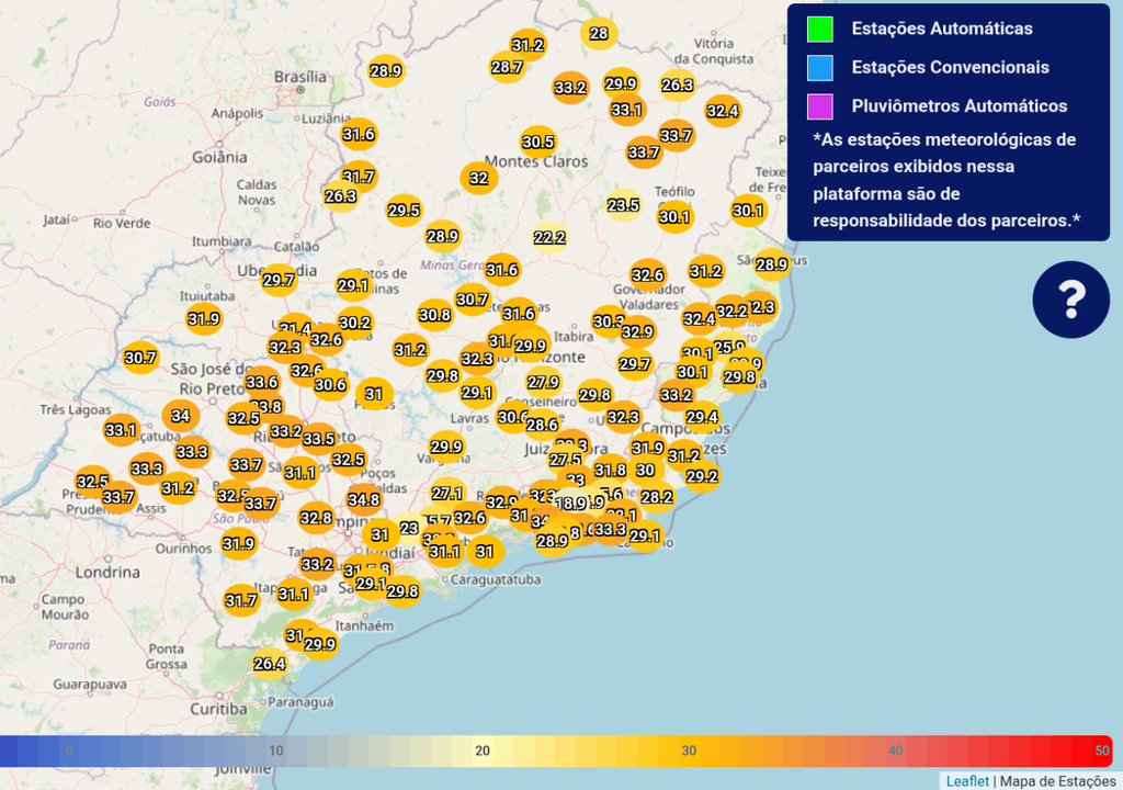 Temperaturas máximas registradas nesta segunda-feira (16) na Região Sudeste. Créditos: INMET.