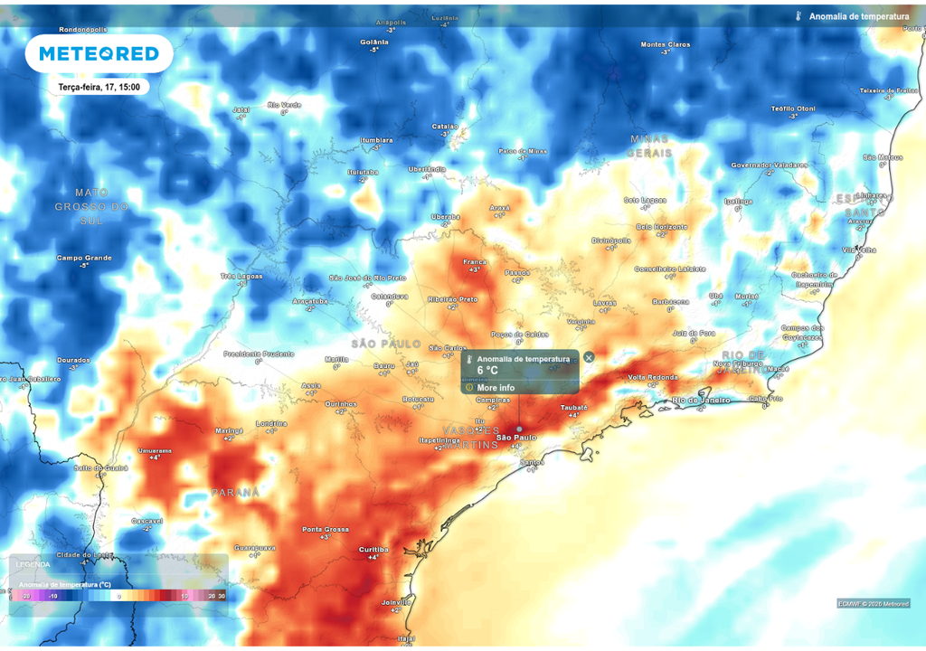 Previsão de anomalia de temperatura máxima nesta terça-feira (17), de acordo com o ECMWF.