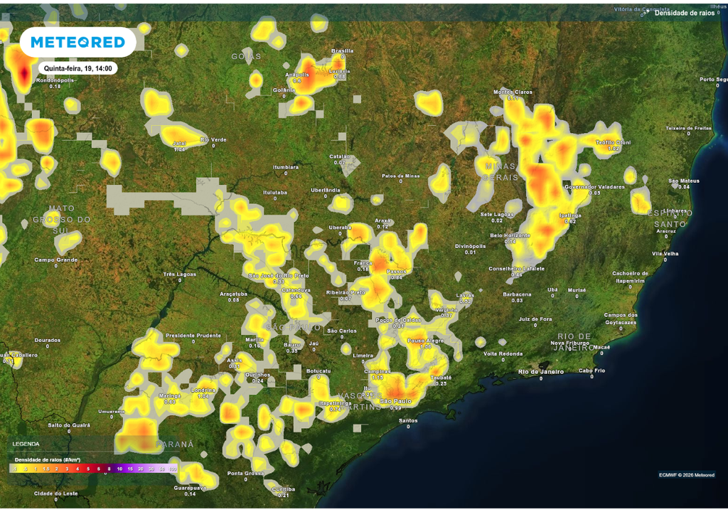 Previsão de tempestades nesta quinta-feira (19), de acordo com o ECMWF.