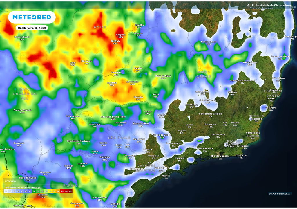 Previsão de probabilidade de chuva nesta quarta-feira (18), de acordo com o ECMWF.