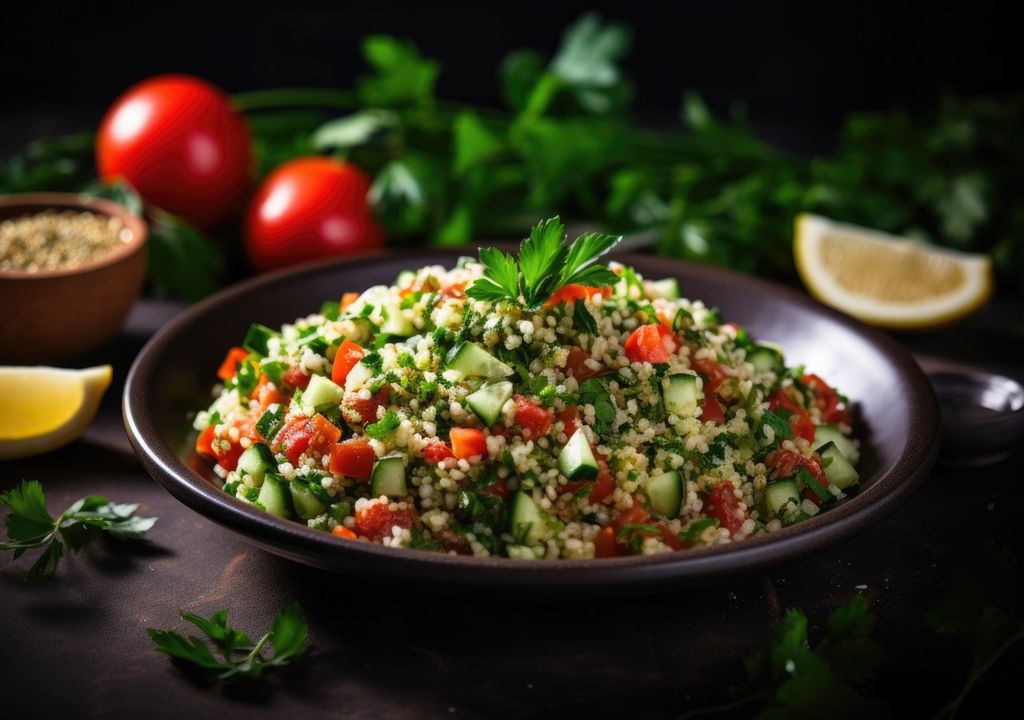 tabbule presentado en un plato oscuro fondo de mesa con tomates y limones tabbule presentado en un plato oscuro fondo de mesa con tomates y limones