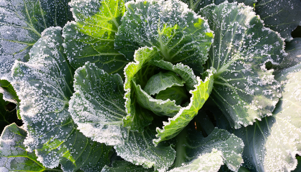 Couve coberta de geada, uma das culturas que precisa de semanas de frio para chegar a florir.