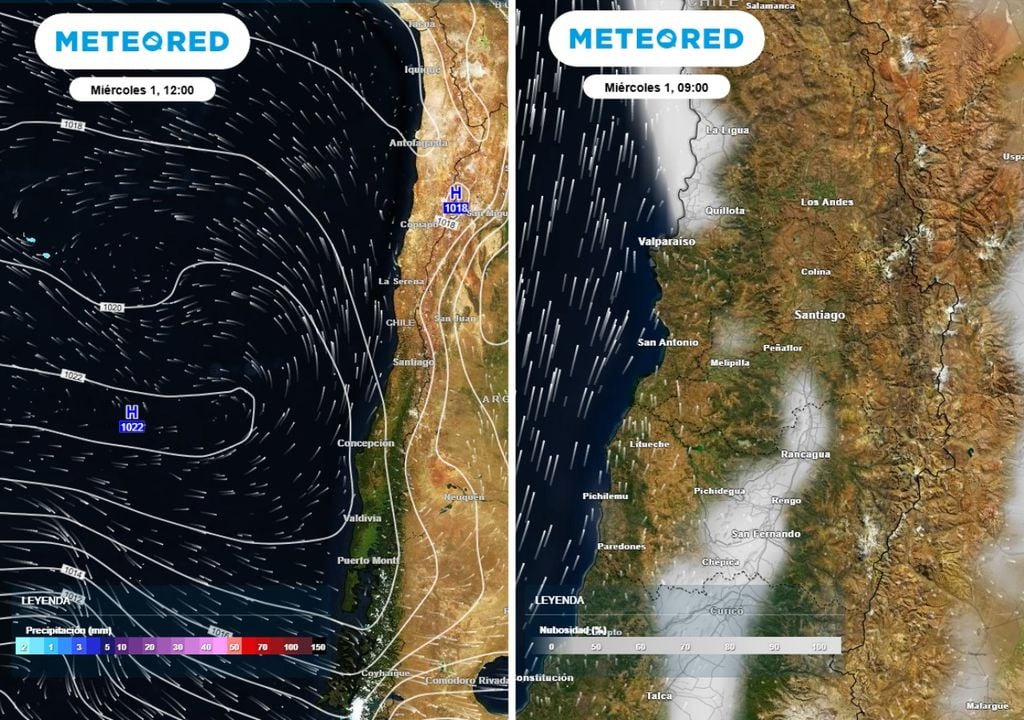 mapa de precipitación con isóbaras / mapa de nubosidad El predominio de altas presiones, junto a la advección de humedad, permitirán que se formen bancos de niebla, sobre todo en el surponiente de la RM.