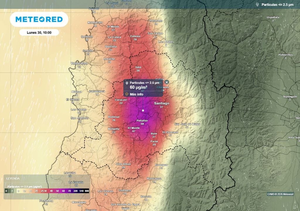 mapa de material particulado por debajo de 2,5 micrómetros Este lunes en la mañana se prevé baja calidad del aire: precaución con los altos niveles de contaminantes.