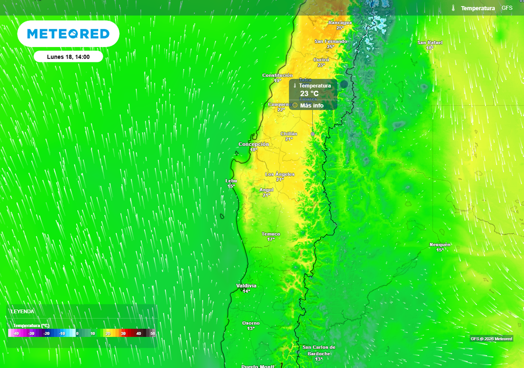 Temperatura máxima (°C) para el lunes (18) en la zona centro-sur de Chile.